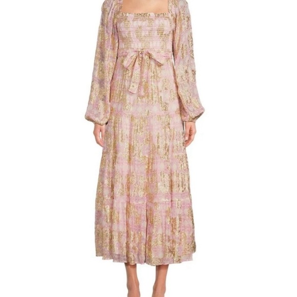 A Loves A Dresses & Skirts - Pink Midi Dress with Gold Metallic Detail and Smocked Bodice